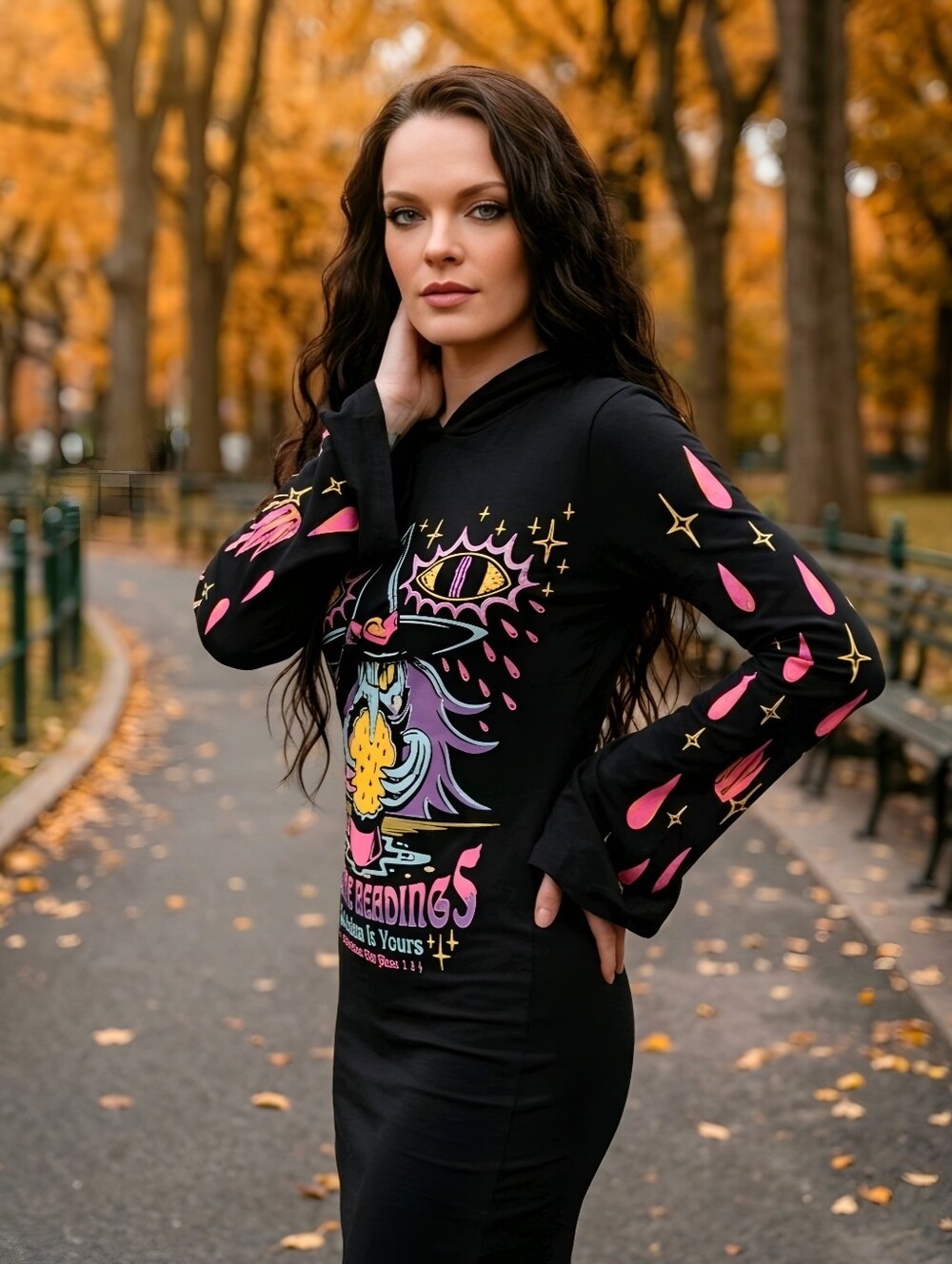 Killstar ✦ Crystal Gazer Hooded Dress ✦ Black Psychic Graphic Bell Sleeves M NWT